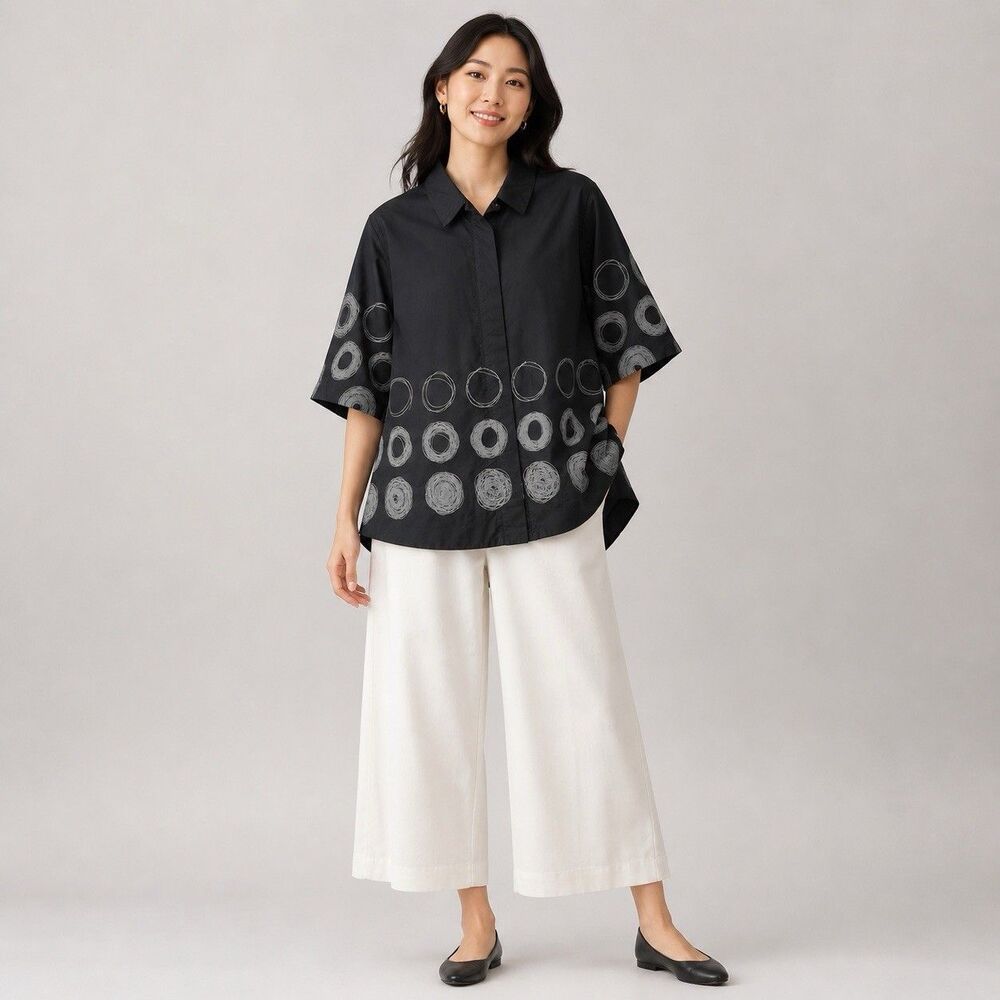 Snapdragon & Twig Top By Tulip Women's XXL Black Gray Circle Print Lagenlook